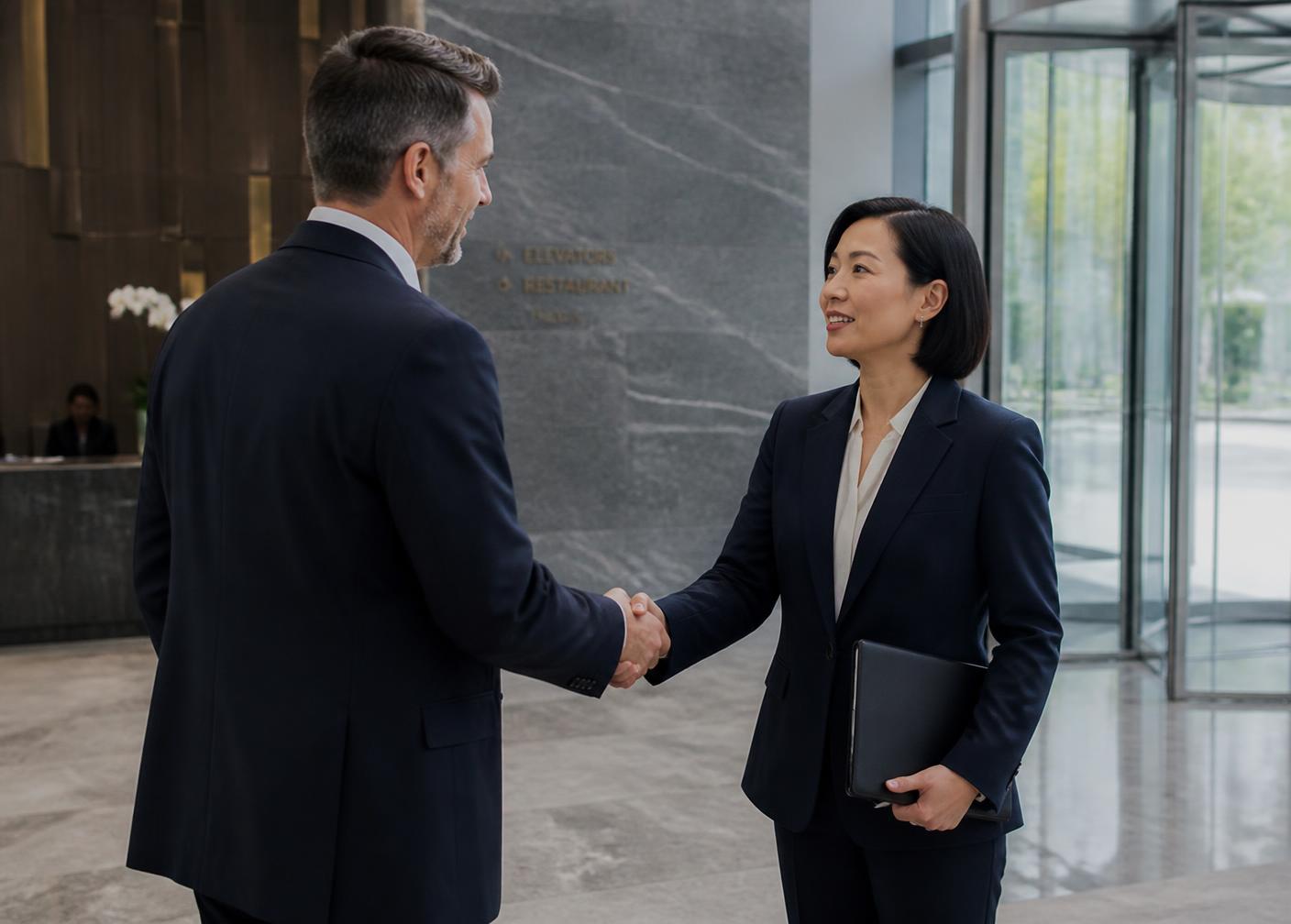 Two Long Island professionals meeting in a corporate lobby